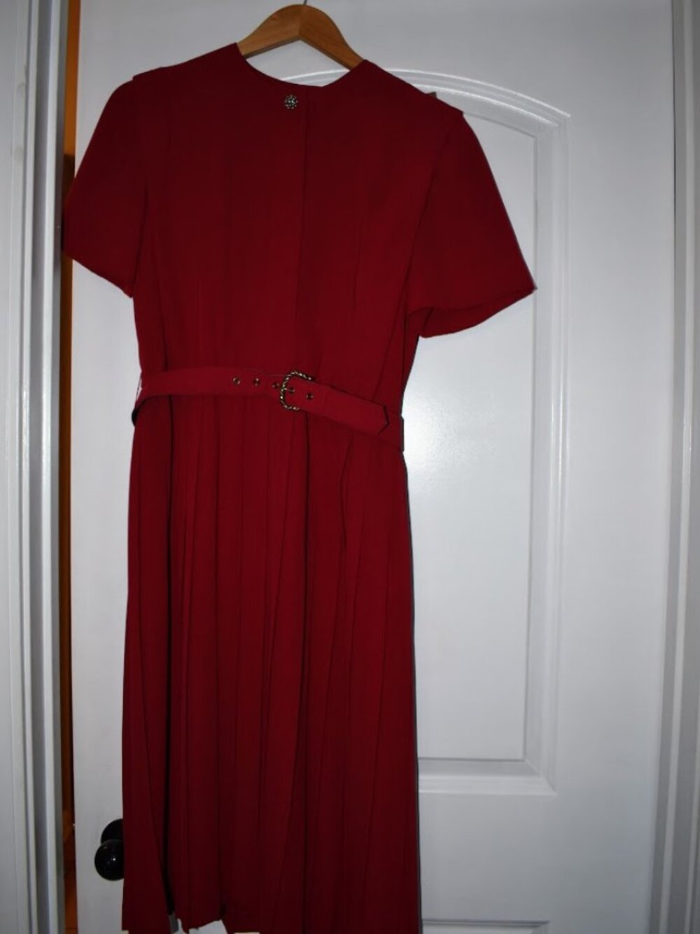 Vintage Red Pleated Belted Midi Dress Short Sleeve